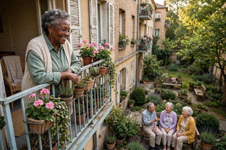 A senior woman smiles on her flower-filled apartment balcony overlooking a green courtyard where residents chat on a bench.